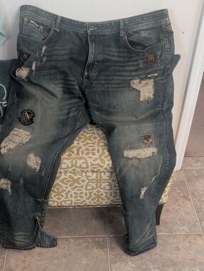 Men's Distressed Patchwork Jeans - Dark Washed Blue